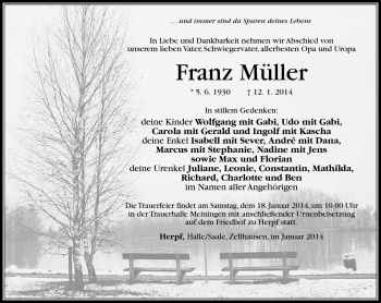 Traueranzeige von Franz Müller von Südthüringer Presse