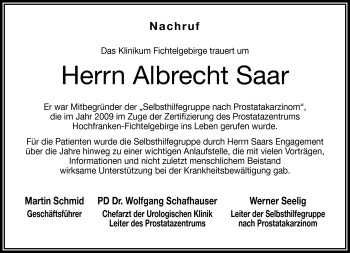 Traueranzeige von Albrecht Saar von Frankenpost