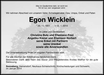 Traueranzeige von Egon Wicklein von Südthüringer Presse