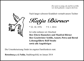 Traueranzeige von Katja Börner von Südthüringer Presse