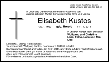 Traueranzeige von Elisabeth Kustos von Neue Presse Coburg