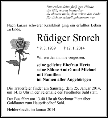 Traueranzeige von Rüdiger Storch von Südthüringer Presse
