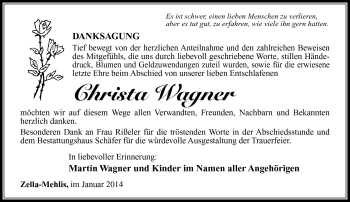 Traueranzeige von Christa Wagner von Südthüringer Presse