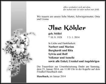 Traueranzeige von Ilse Köhler von Südthüringer Presse