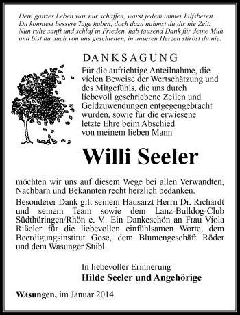 Traueranzeige von Willi Seeler von Südthüringer Presse