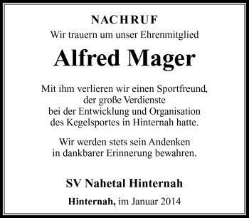 Traueranzeige von Alfred Mager von Südthüringer Presse
