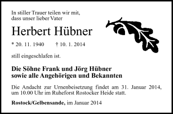 Traueranzeige von Herbert Hübner von Südthüringer Presse