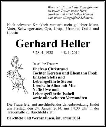 Traueranzeige von Gerhard Heller von Südthüringer Presse