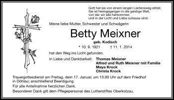 Traueranzeige von Betty Meixer von Frankenpost