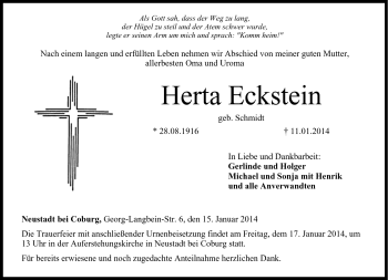 Traueranzeige von Herta Eckstein von Neue Presse Coburg