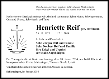 Traueranzeige von Henriette Reif von Südthüringer Presse