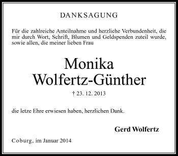 Traueranzeige von Monika Wolfertz-Günther von Neue Presse Coburg