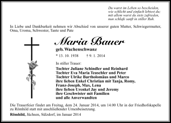 Traueranzeige von Maria Bauer von Südthüringer Presse