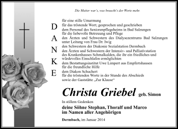 Traueranzeige von Christa Griebel von Südthüringer Presse