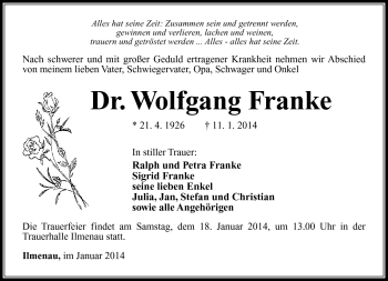 Traueranzeige von Wolfgang Franke von Südthüringer Presse