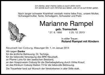 Traueranzeige von Marianne Rampel von Neue Presse Coburg
