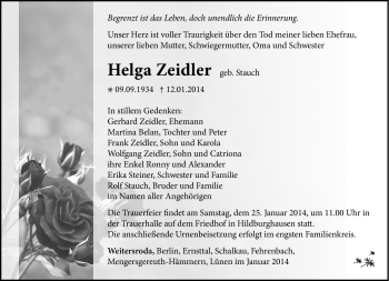 Traueranzeige von Helga Zeidler von Südthüringer Presse