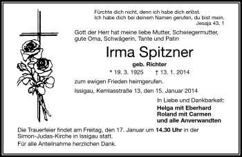 Traueranzeige von Irma Spitzner von Frankenpost