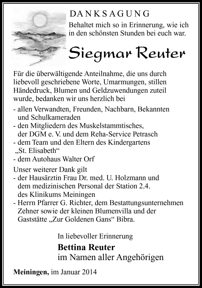  Traueranzeige für Siegmar Reuter vom 18.01.2014 aus Südthüringer Presse