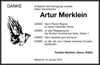 Traueranzeige von Artur Merklein von Frankenpost