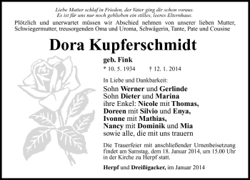 Traueranzeige von Doris Kupferschmidt von Südthüringer Presse