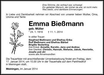 Traueranzeige von Emma Bießmann von Südthüringer Presse