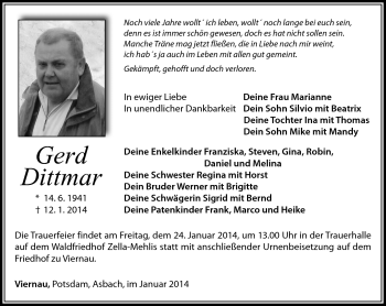 Traueranzeige von Gerd Dittmar von Südthüringer Presse