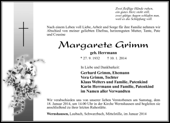 Traueranzeige von Margarete Grimm von Südthüringer Presse