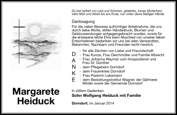 Traueranzeige von Margarete Heiduck von Südthüringer Presse