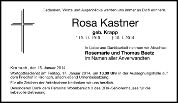 Traueranzeige von Rosa Kastner von Neue Presse Coburg