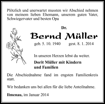 Traueranzeige von Bernd Müller von Südthüringer Presse