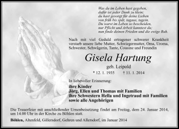 Traueranzeige von Gisela Hartung von Südthüringer Presse
