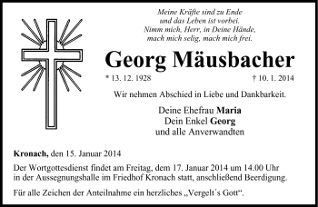 Traueranzeige von Georg Mäusbacher von Neue Presse Coburg