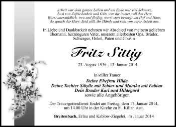Traueranzeige von Fritz Sittig von Südthüringer Presse