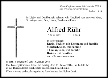 Traueranzeige von Alfred Rühr von Neue Presse Coburg