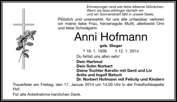 Traueranzeige von Anni Hofmann von Frankenpost