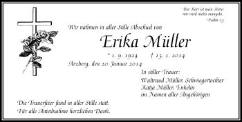 Traueranzeige von Erika Müller von Frankenpost
