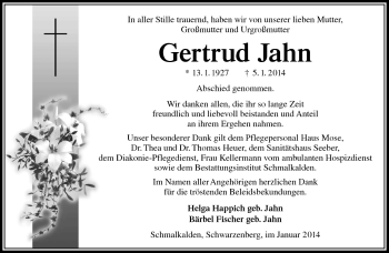 Traueranzeige von Gertrud Jahn von Südthüringer Presse