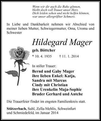 Traueranzeige von Hildegard Mager von Südthüringer Presse