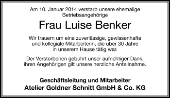 Traueranzeige von Luise Benker von Frankenpost