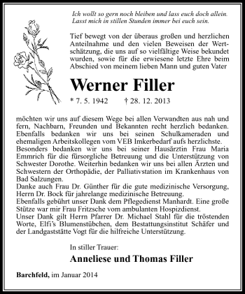 Traueranzeige von Werner Filler von Südthüringer Presse