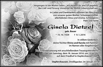 Traueranzeige von Gisela Dietzel von Südthüringer Presse