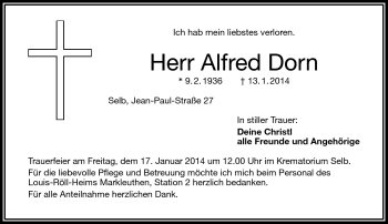 Traueranzeige von Alfred Dorn von Frankenpost