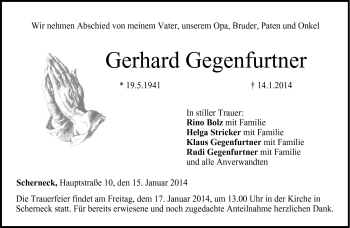 Traueranzeige von Gerhard Gegenfurtner von Neue Presse Coburg