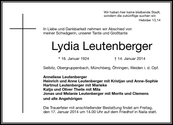 Traueranzeige von Lydia Leutenberger von Frankenpost