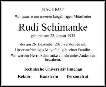 Traueranzeige von Rudi Schimanke von Südthüringer Presse