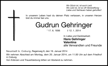 Traueranzeige von Gudrun Gehringer von Neue Presse Coburg