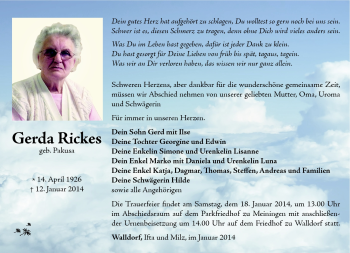 Traueranzeige von Gerda Rickes von Südthüringer Presse