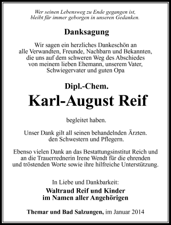Traueranzeige von Karl-August Reif von Südthüringer Presse