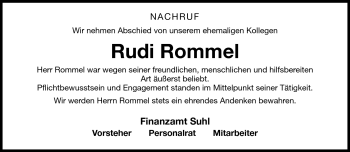 Traueranzeige von Rudi Rommel von Südthüringer Presse